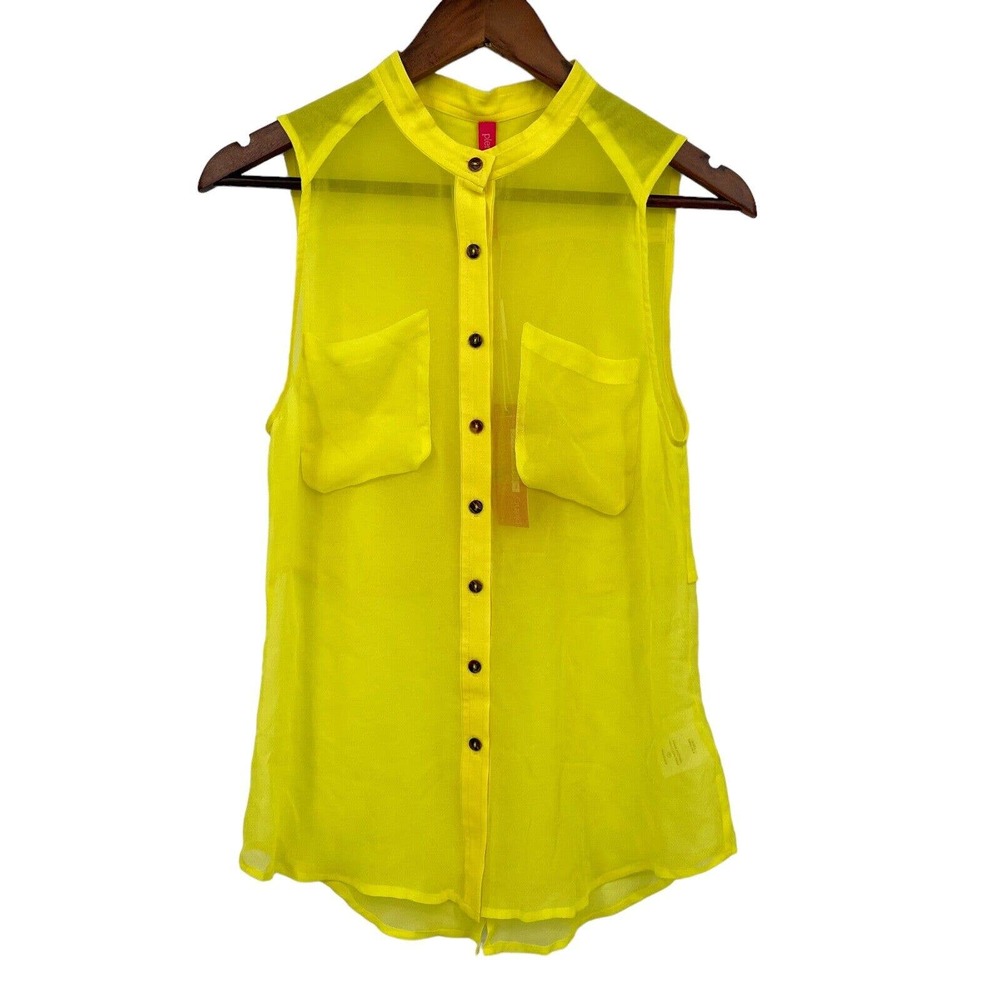 Plenty By Tracy Reese Sleeveless Tank Top Womens S Silk Yellow Sheer Button Up